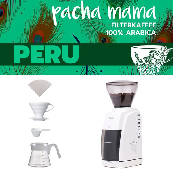 Premium Set: Mühle, Hario Filterkaffee Set + 1kg PachaMama aus Peru (bio) - carabica - fine coffee culture
